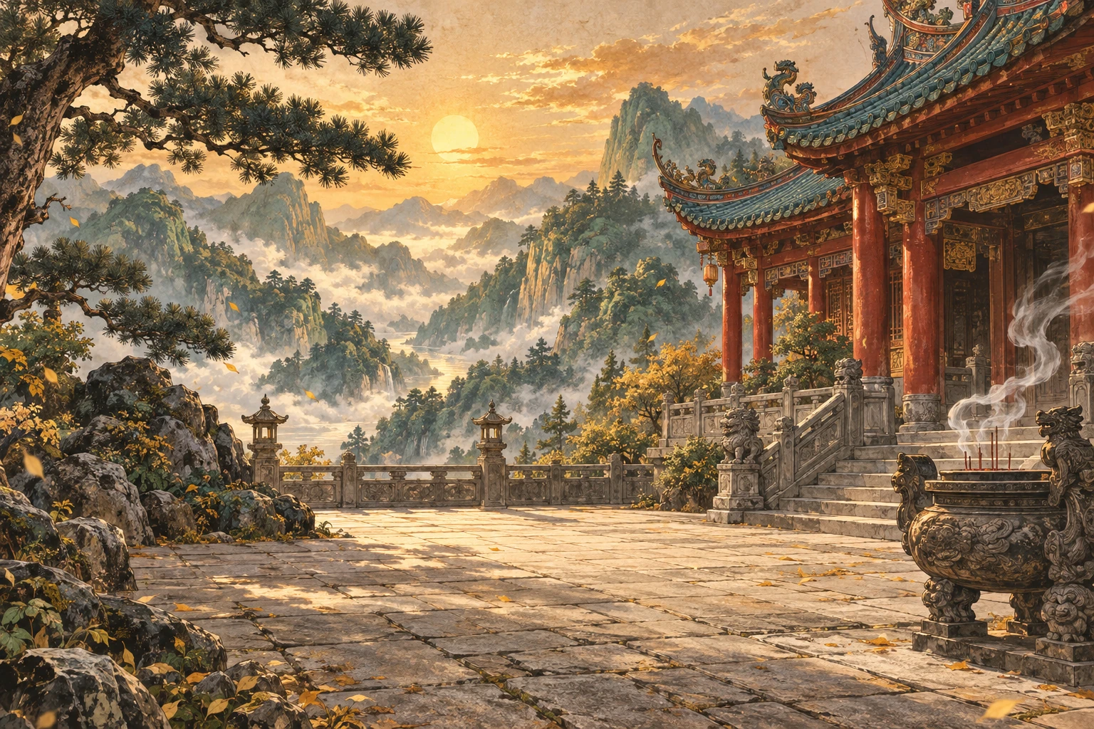 夕照中的山中庙庭，朱红廊柱、青玉色山峦与袅袅香烟