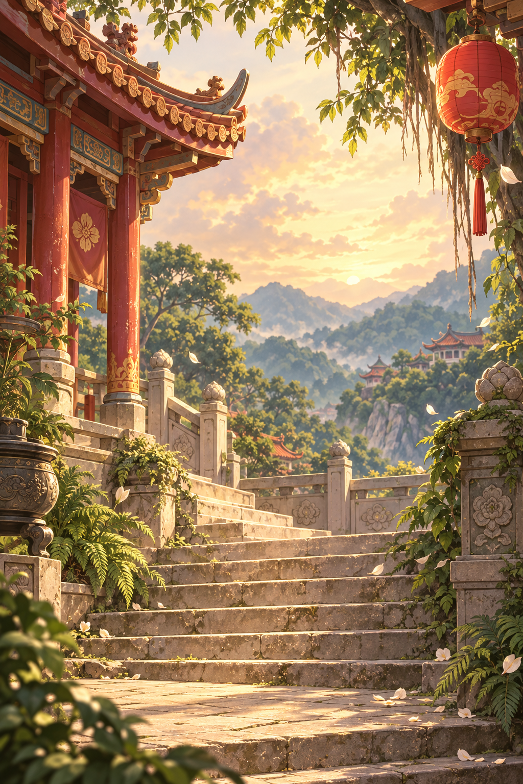 暖金夕照中的台湾山林庙埕，红柱、灯笼与石阶